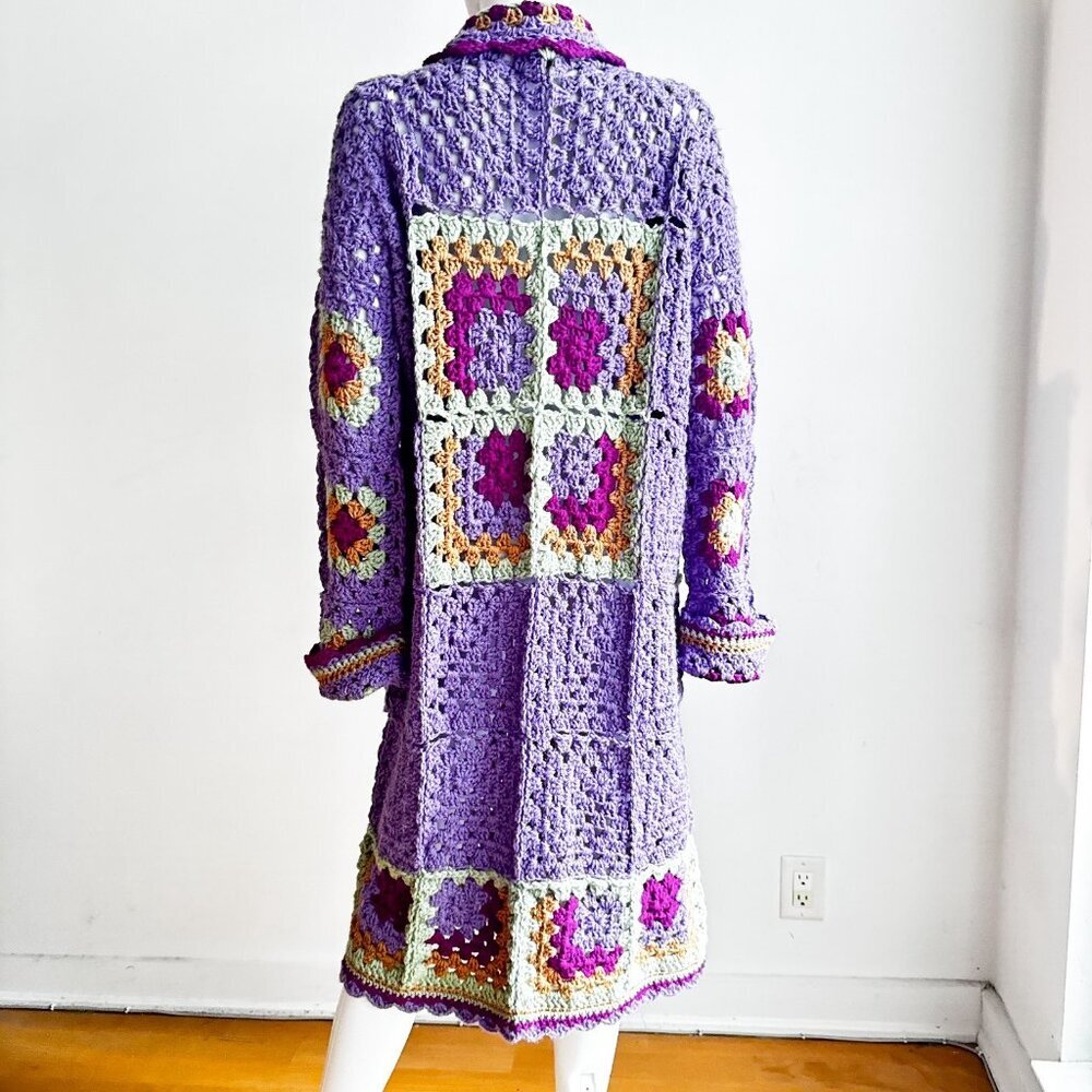 Handmade Lilac Colourful Granny Squares Crochet Long Cardigan L - Picture 7 of 7